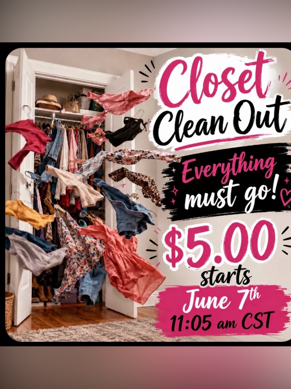 Huge, huge closet clean out sale. $5.00 starts and up to 100 beautiful pieces.